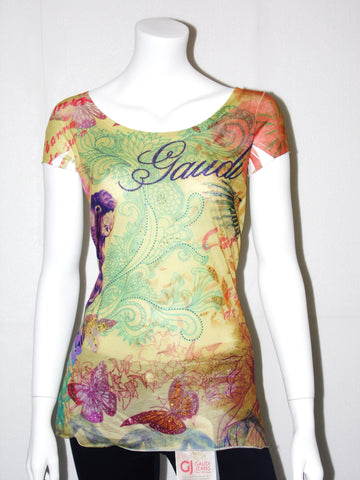 T-shirt Gaudi lunga fantasia tropicale e paillettes