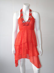 Vestito Donna MissMiss scollatura America con paillettes allacciato sul collo  e balze